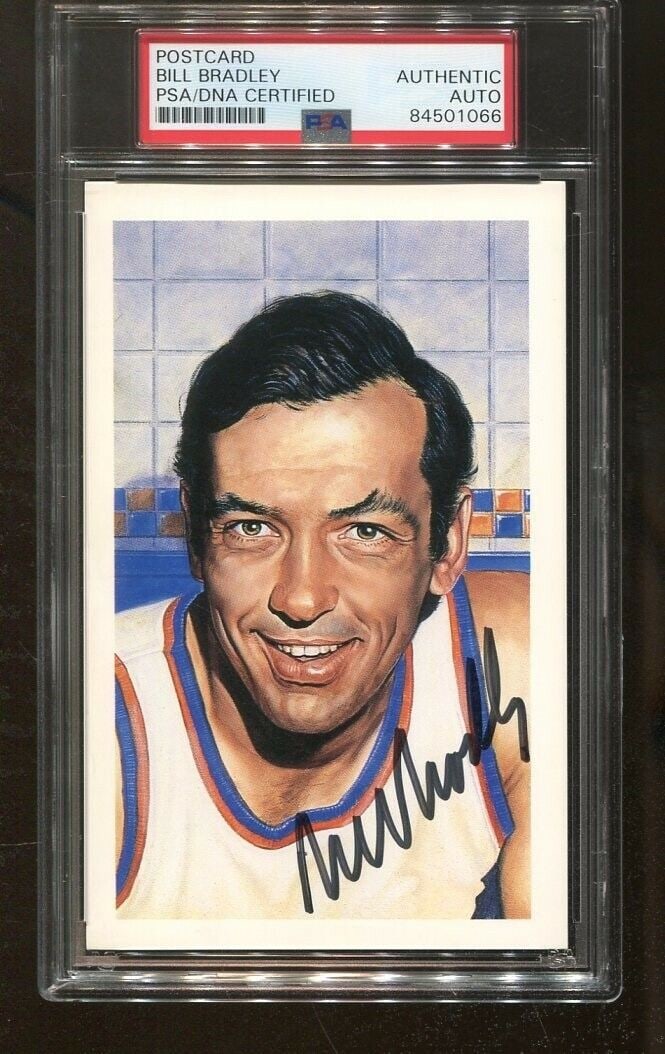 Bill Bradley Signed Center Court Postcard Knicks PSA: Bill Bradley Signed Center Court Postcard Knicks PSA This is an original autographed postcard featuring Bill Bradley, a notable player from the Knicks. The postcard showcases a portrait of Bradley in