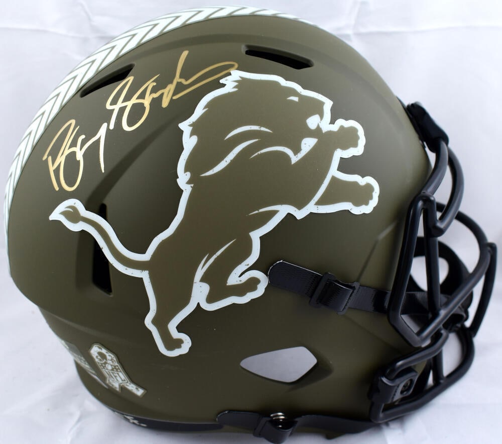 Barry Sanders Signed Detroit Lions Salute to Service Helmet Beckett Authenticated: Barry Sanders Signed Detroit Lions Salute to Service Helmet Beckett Authenticated This is an original Barry Sanders autographed football helmet, featuring the Detroit Lions' Salute to Service design. 