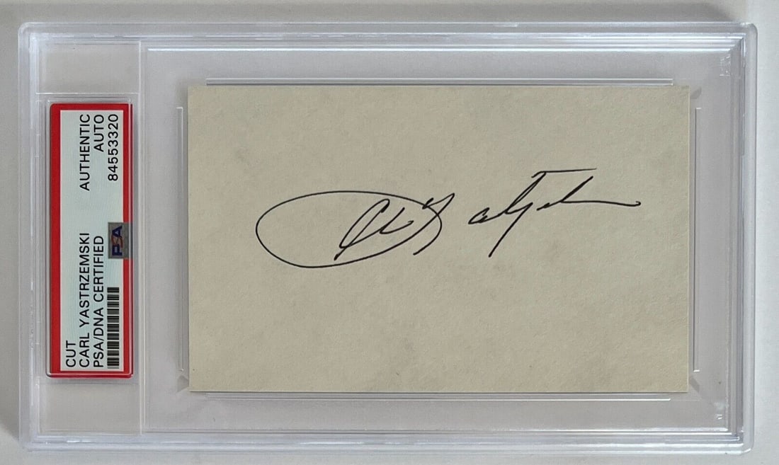 Carl Yastrzemski Vintage Cut Signature PSA/DNA 8453320: Carl Yastrzemski Vintage Cut Signature PSA/DNA 8453320 This cut signature features the illustrious autograph of Hall of Famer Carl Yastrzemski, a legendary player in MLB history. Measuring 4 1/2 x 8 i