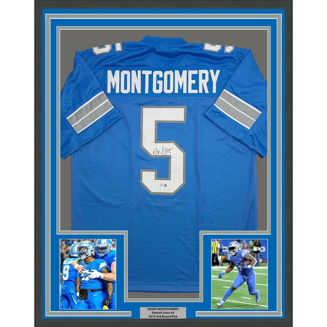 Framed Autographed David Montgomery Detroit Lions Jersey BAS COA: Framed Autographed David Montgomery Detroit Lions Jersey BAS COA This is a framed autographed Detroit Lions jersey featuring the name 'MONTGOMERY' and the number '5'. The jersey is signed by NFL playe