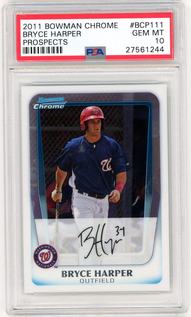 2011 Bowman Chrome Bryce Harper RC Card PSA 10 Graded MLB: 2011 Bowman Chrome Bryce Harper RC Card PSA 10 Graded MLB This graded 2011 Bowman Chrome Prospects Bryce Harper rookie card (#BCP111) is a must-have for any baseball card collector. Authenticated by P