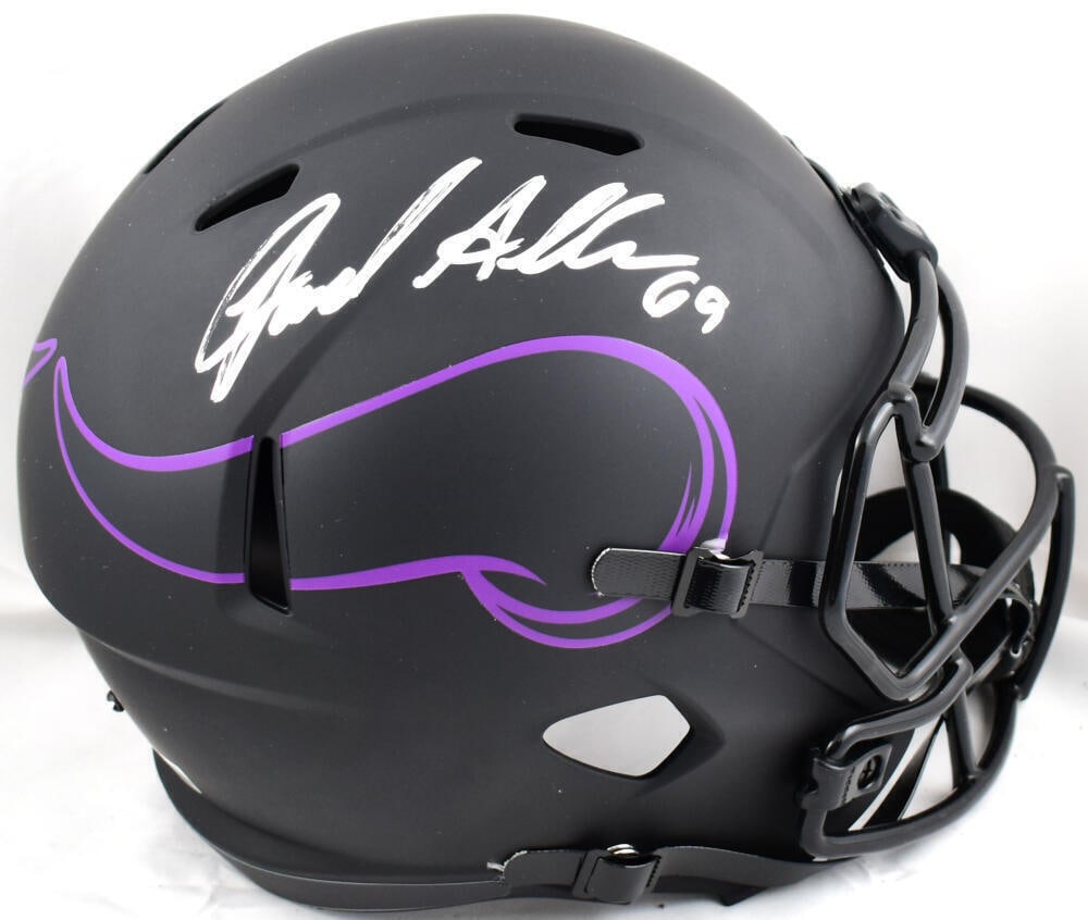 Jared Allen Signed Minnesota Vikings F/S Eclipse Speed Helmet: Jared Allen Signed Minnesota Vikings F/S Eclipse Speed Helmet This is a signed full-size Eclipse Speed helmet representing Jared Allen, a prominent player of the Minnesota Vikings. The helmet features