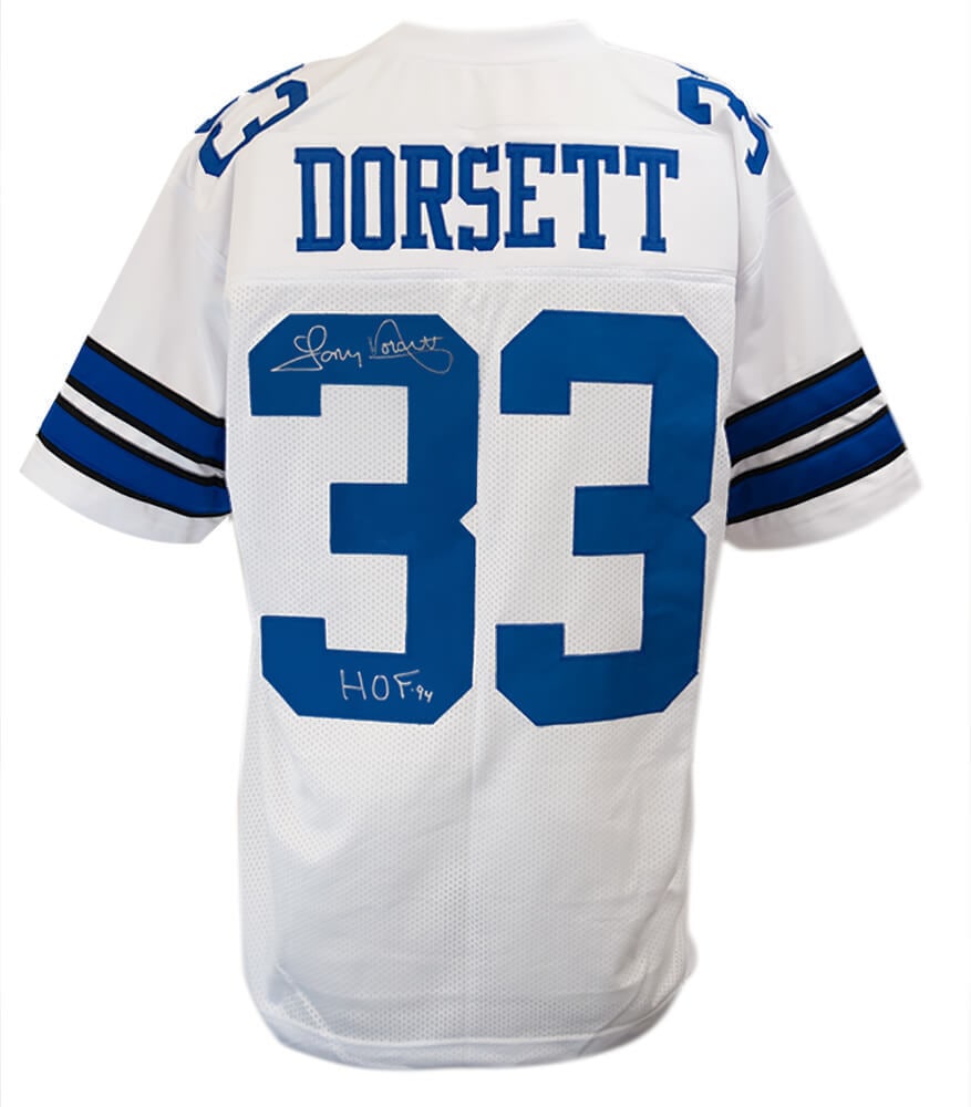 Tony Dorsett Signed White Custom Football Jersey with HOF 94 Inscription: Tony Dorsett Signed White Custom Football Jersey with HOF 94 Inscription Elevate your collection with this Tony Dorsett signed white custom football jersey, proudly featuring the inscription 'HOF 94'.