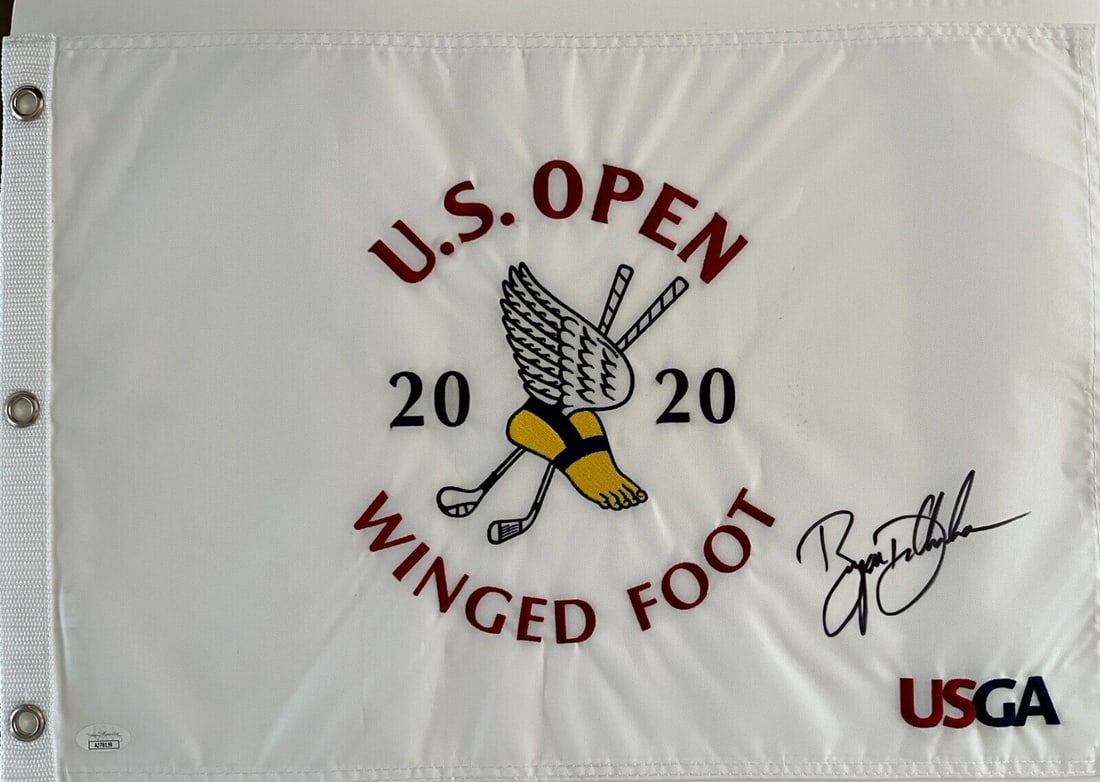 Bryson DeChambeau signed 2020 U.S. Open -Winged Foot pin flag-JSA: Bryson DeChambeau signed 2020 U.S. Open -Winged Foot pin flag-JSA This official 2020 U.S. Open pin flag features a striking Winged Foot logo and is signed in bold black by golf superstar Bryson DeCham