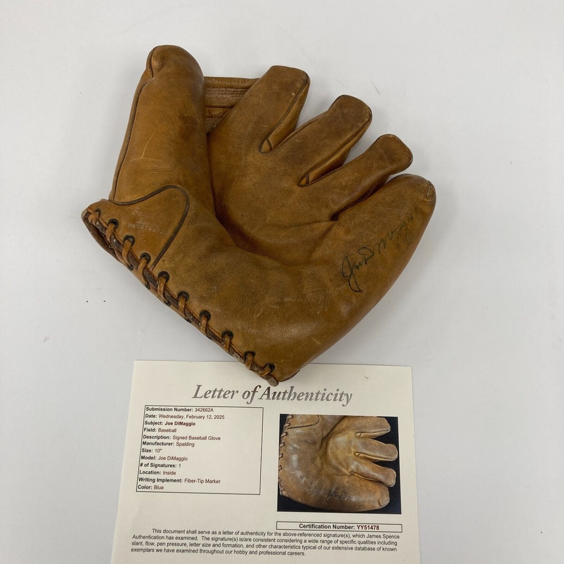 Joe DiMaggio Signed 1940's Game Model Baseball Glove: Joe DiMaggio Signed 1940's Game Model Baseball Glove This vintage baseball glove from the 1940s is a remarkable piece of sports memorabilia, featuring the signature of the legendary Joe DiMaggio. The