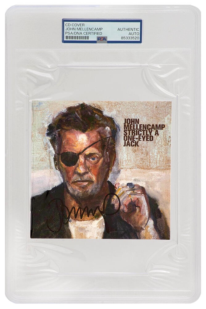 John Mellencamp Signed 'Strictly A One-Eyed Jack' CD Cover 5x5 - PSA/DNA: John Mellencamp Signed 'Strictly A One-Eyed Jack' CD Cover 5x5 - PSA/DNA This is a signed CD cover of John Mellencamp's album 'Strictly A One-Eyed Jack', measuring 5x5 inches. The item is encapsulated