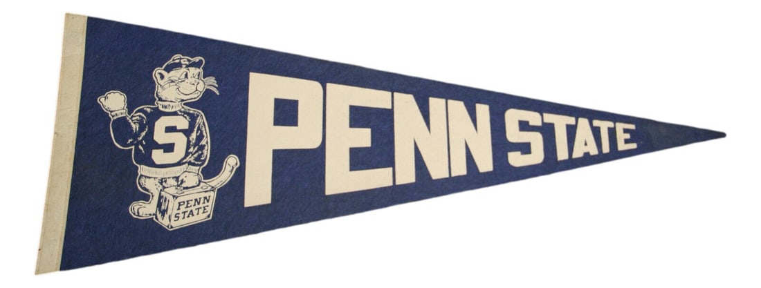Vintage 1950's Penn State Nittany Lions 29" Football Pennant: Vintage 1950's Penn State Nittany Lions 29" Football Pennant This vintage 1950's Penn State Nittany Lions pennant is a charming piece for any football enthusiast or collector. Measuring 29 inches, thi