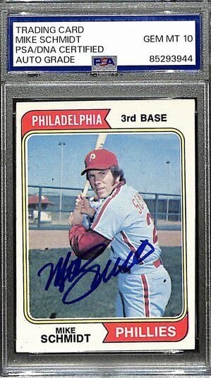 1974 Topps Mike Schmidt Phillies #283 Signed Card PSA/DNA GEM MINT 10: 1974 Topps Mike Schmidt Phillies #283 Signed Card PSA/DNA GEM MINT 10 This is a 1974 Topps Mike Schmidt Phillies #283 card that has been signed by the legendary player himself. It comes encapsulated i