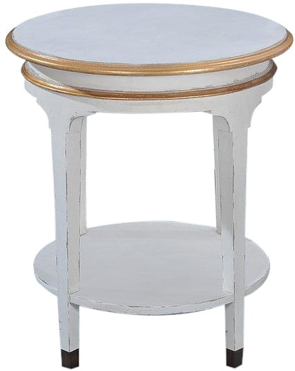 Vivian Round Side Table in Antique Style White Finish with Gold Accents: Vivian Round Side Table in Antique Style White Finish with Gold Accents The Vivian Round Side Table features a charming Antique Style white finish complemented by elegant gold accents, embodying a vin