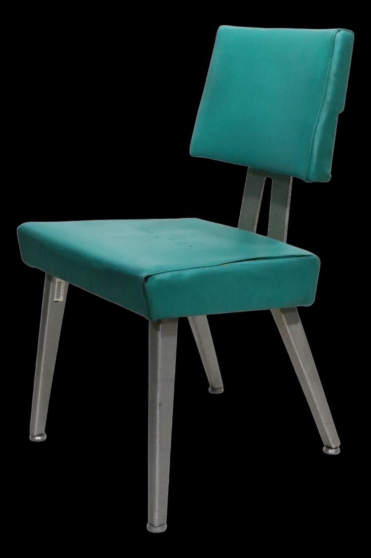 Mid Century Side Chair by GoodForm: Mid Century Side Chair by GoodForm This classic mid-century side chair by General Fireproofing, GoodForm, features a striking teal vinyl seat and backrest, supported by sturdy aluminum legs. While the