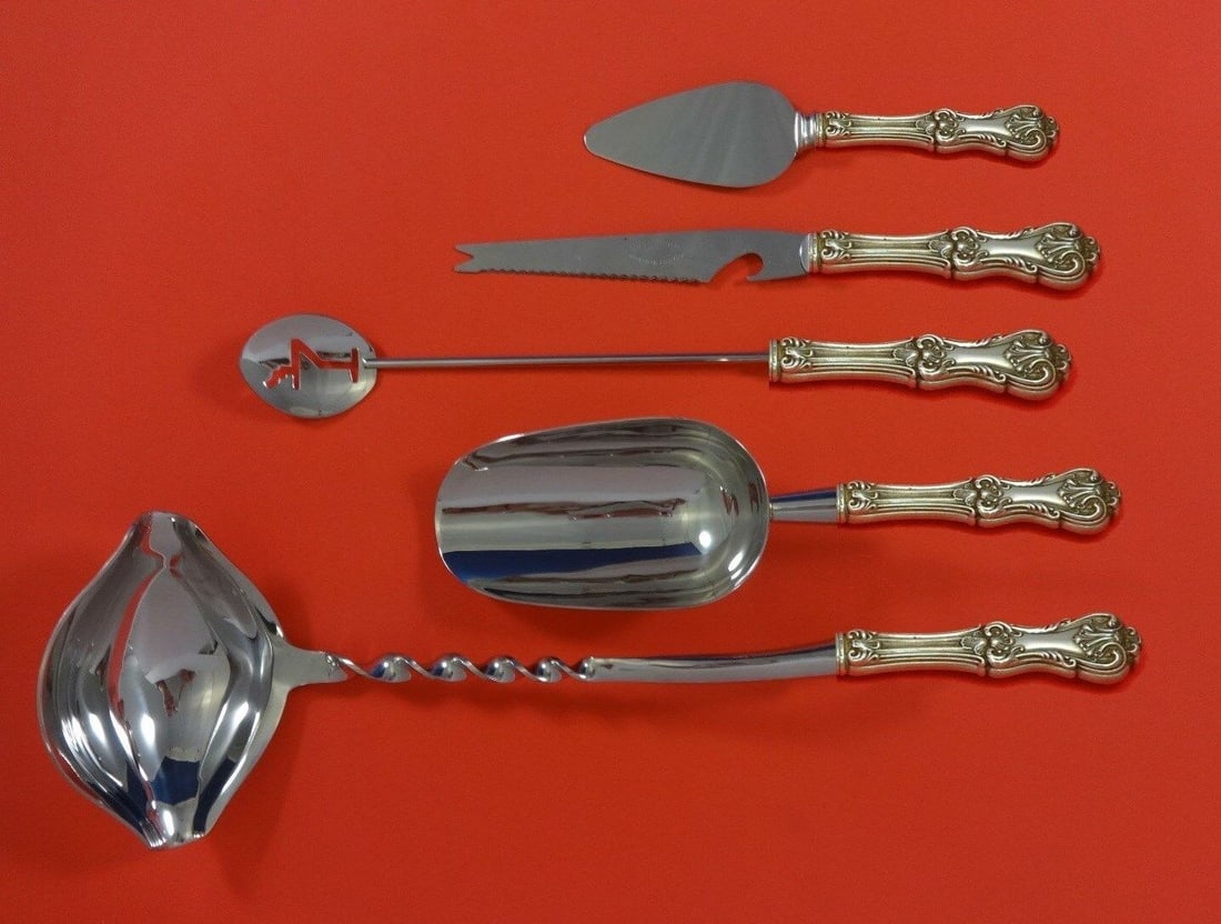 Federal Cotillion Sterling Silver Cocktail Party Bar Set 5-Piece: Federal Cotillion Sterling Silver Cocktail Party Bar Set 5-Piece Elevate your cocktail parties with this exquisite Federal Cotillion Hostess Set by Frank Smith. Crafted from sterling silver with hollo