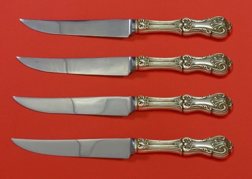 Federal Cotillion Sterling Silver Steak Knife Set 4pc Custom: Federal Cotillion Sterling Silver Steak Knife Set 4pc Custom This exquisite 4-piece steak knife set features the elegant Federal Cotillion pattern by Frank Smith. Crafted from sterling silver, each kn