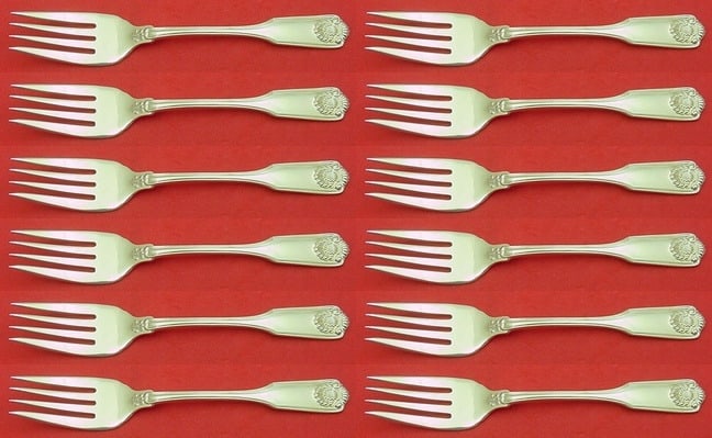Fiddle Shell Sterling Silver Salad Fork Set 12 pcs 6 1/2": Fiddle Shell Sterling Silver Salad Fork Set 12 pcs 6 1/2" This exquisite 12-piece salad fork set features the elegant Fiddle Shell pattern by Frank Smith, crafted from high-quality sterling silver. Ea