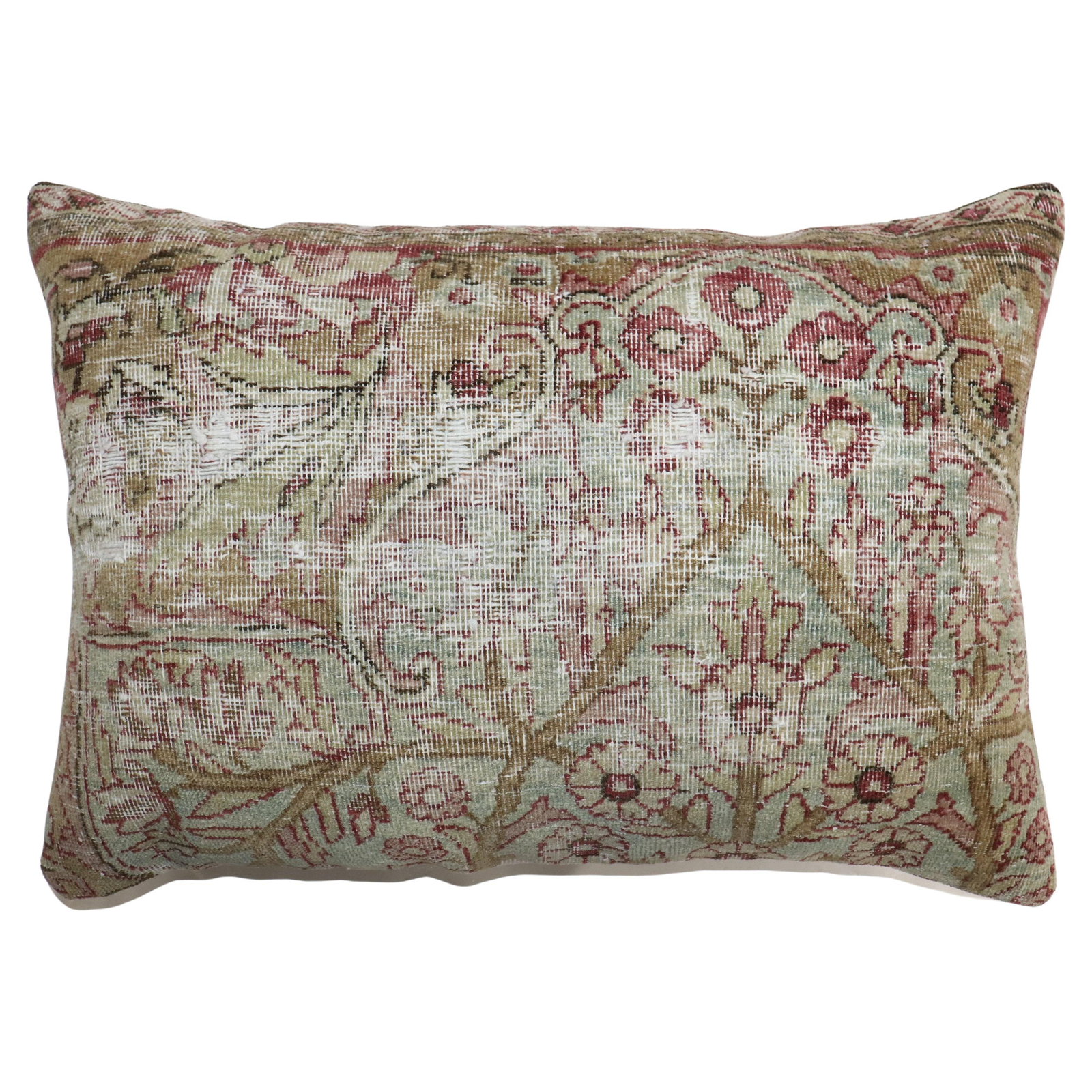 Zabihi Collection Worn Persian Kerman Rug Pillow: Zabihi Collection Worn Persian Kerman Rug Pillow Dimensions: Width: 16 in (40.64 cm), Length: 24 in (60.96 cm) Style: Tabriz Materials and Techniques: Cotton, Foam, Wool, Hand-Woven Place of Origin: T