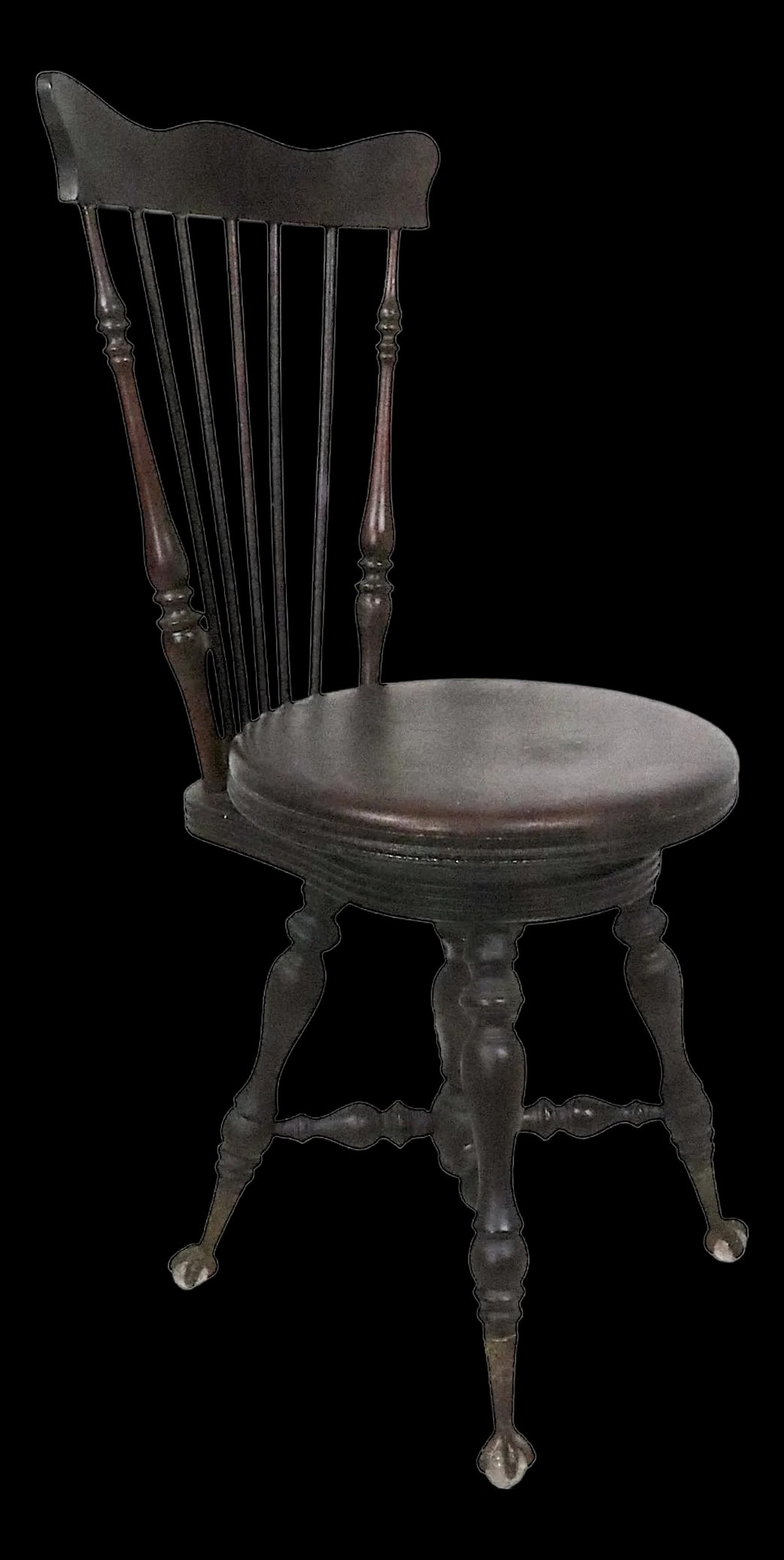 Victorian Highback Piano Stool with Glass Claw Feet 35" Tall: Victorian Highback Piano Stool with Glass Claw Feet 35" Tall This Victorian high back piano organ stool showcases exquisite craftsmanship with a solid wood construction, likely dark stained birch. It