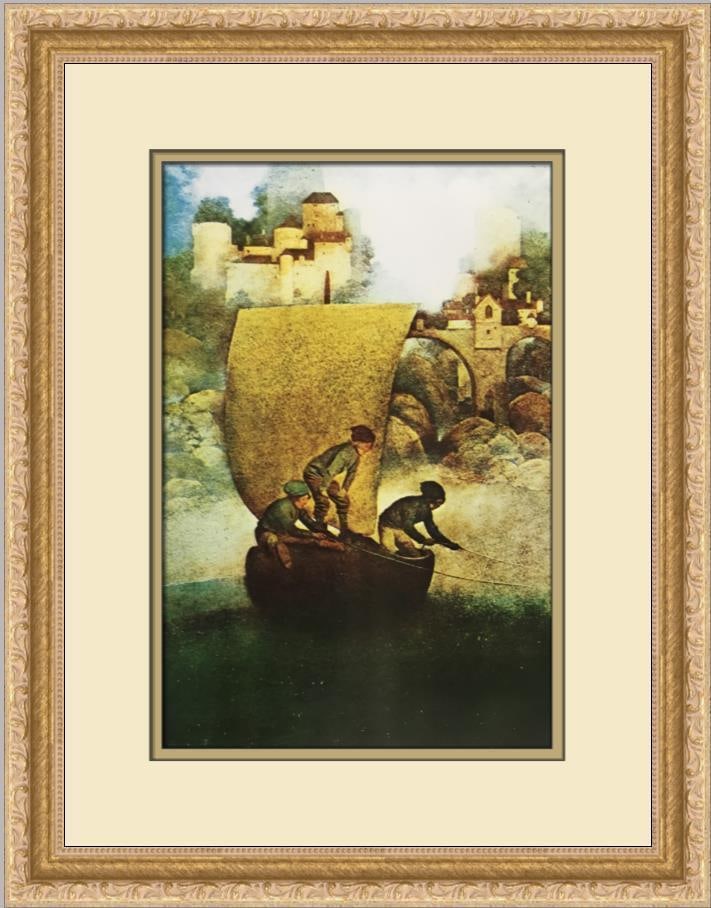Maxfield Parrish Wynken Blynken Custom Framed Print 14 x 18: Maxfield Parrish Wynken Blynken Custom Framed Print 14 x 18 This exquisite custom framed print titled "Wynken Blynken" by renowned artist Maxfield Parrish captures a whimsical fantasy scene featuring