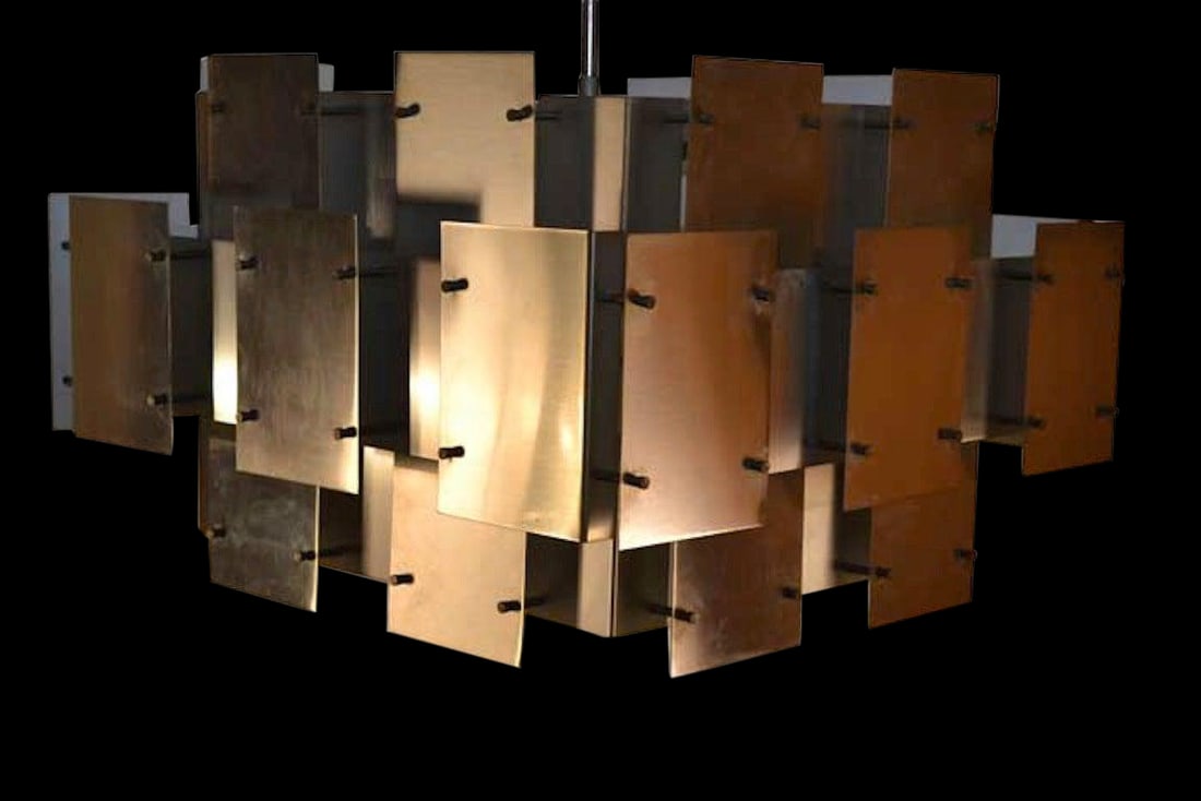 Modernist Steel and Brass Chandelier by Robert Sonneman: Modernist Steel and Brass Chandelier by Robert Sonneman This stunning Robert Sonneman "Cityscape" Brutalist Chandelier showcases a modernist design crafted from sheet steel and brass. Its large and im