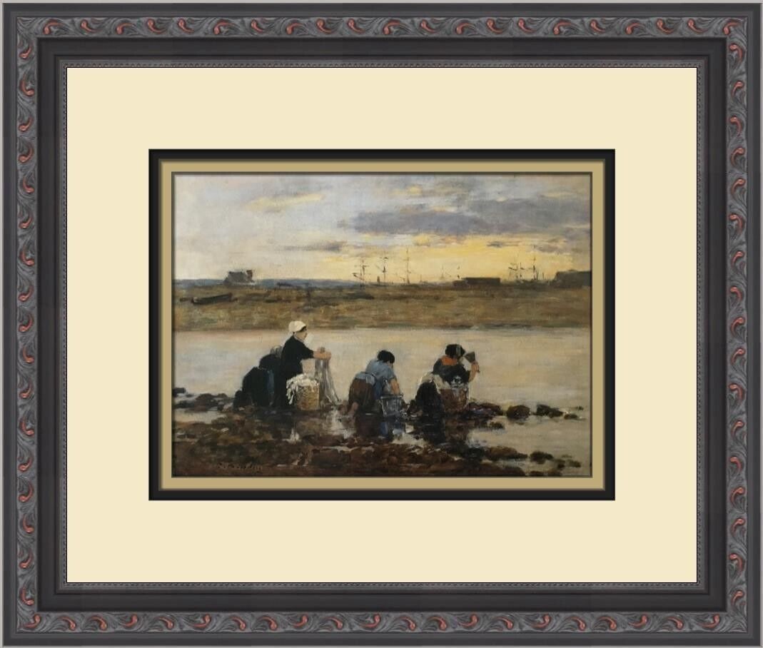 Eugene Boudin Washerwomen by the River Custom Framed Print 12 x 14: Eugene Boudin Washerwomen by the River Custom Framed Print 12 x 14 This custom framed print titled "Washerwomen by the River" by artist Eugene Boudin captures an enchanting scene of figures amidst a p