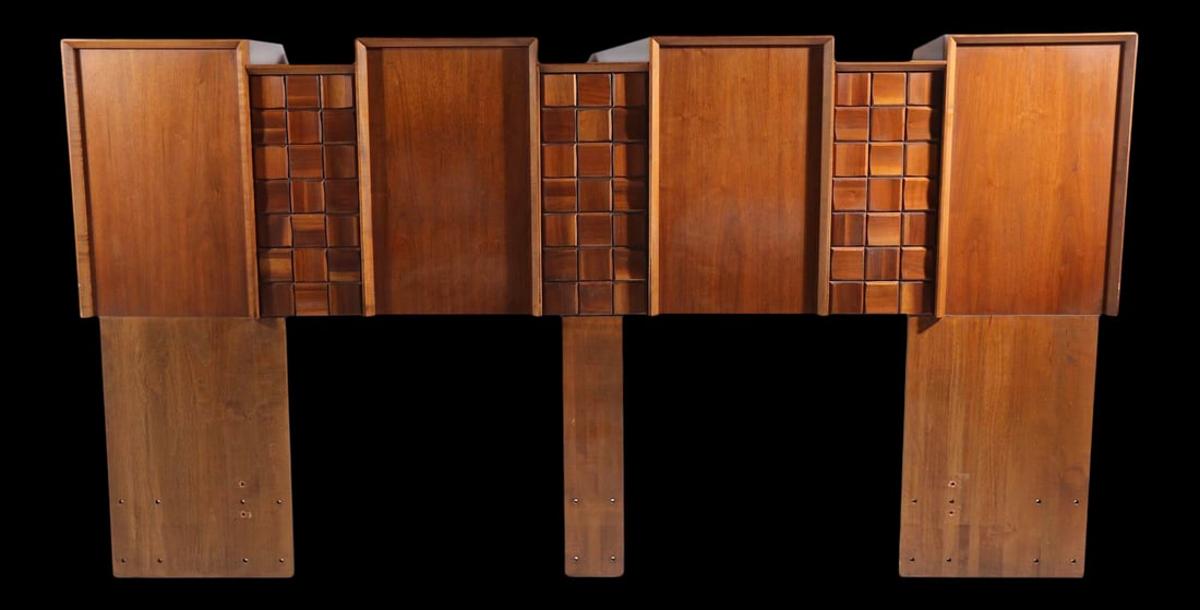 King Size Brutalist Block Front Headboard: King Size Brutalist Block Front Headboard This striking King Size headboard showcases a massive segmented block front design in the Brutalist, mid-century modern style. Marked 'Made in Canada,' it is