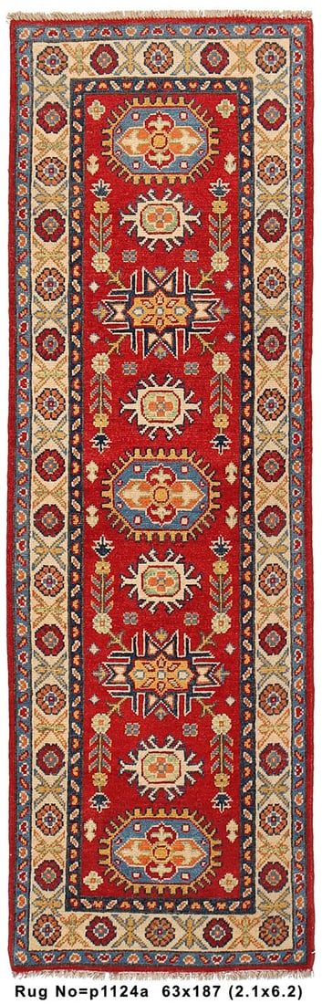 2' x 6' Red Regal Narrow Kazak Runner Rug: 2' x 6' Red Regal Narrow Kazak Runner Rug Enhance your home with the Red Regal Narrow Runner, a stunning handmade rug that measures 2.1' x 6.2'. This exquisite rug features a vibrant crimson-red base