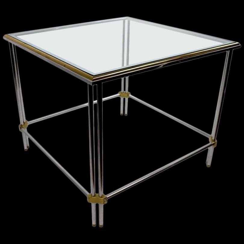 Square Aluminum Brass and Glass Table: Square Aluminum Brass and Glass Table This elegant square end or side table showcases the sophisticated design of John Vesey. It features a plate glass top supported by tubular aluminum column legs an