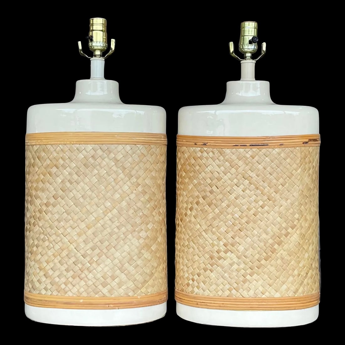Vintage Coastal Woven Rattan Table Lamps - Pair: Vintage Coastal Woven Rattan Table Lamps - Pair A fabulous pair of Coastal table lamps. Chic panels of woven rattan that are wrapped around a glazed ceramic lamp. Simple and cool. Acquired from a Palm