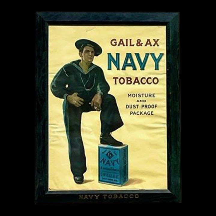 Vintage Boho Navy Tobacco Poster 31.5x41.5 Light Yellow Sailor Art: Vintage Boho Navy Tobacco Poster 31.5x41.5 Light Yellow Sailor Art A fabulous vintage Boho Advertisement poster. A chic poster for Navy Tobacco with a handsome young sailor. Acquired from a Palm Beach