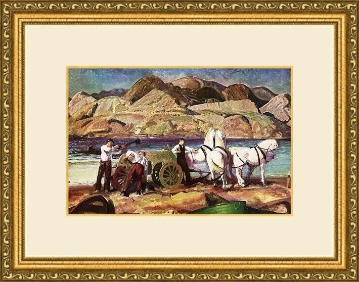 The Sand Cart Print - Museum Style Custom Framed: The Sand Cart Print - Museum Style Custom Framed This beautifully custom framed lithograph titled 'The Sand Cart' by George Bellows captures a serene landscape featuring two horses and figures engaged