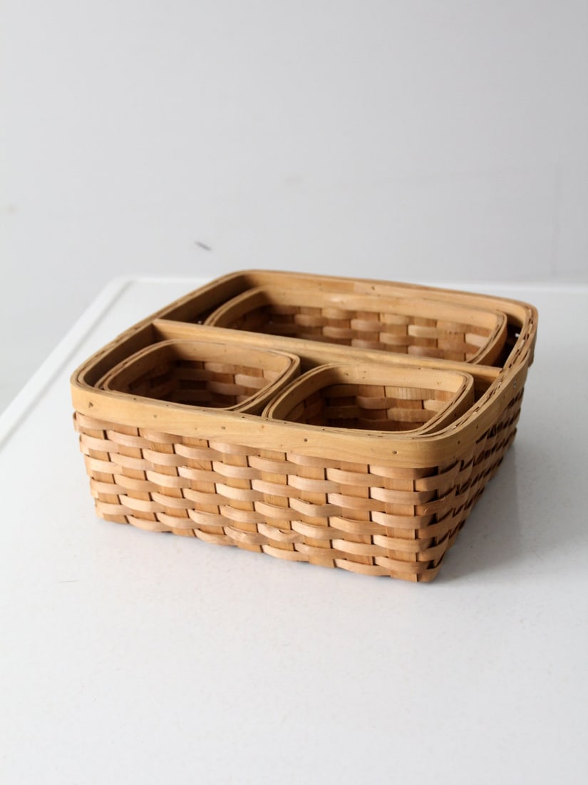 Vintage Wicker Basket Set 4: Vintage Wicker Basket Set 4 Organize in style with this set of vintage wicker baskets. The splint weave baskets can nest together as dividing pockets or be separated for further organization. CONDITIO