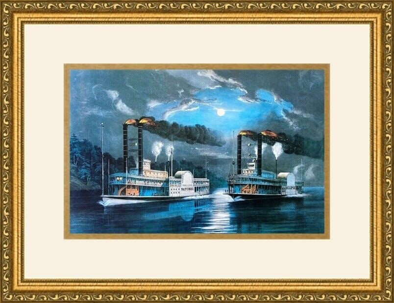 A Midnight Race Lithograph Print Framed 1997: A Midnight Race Lithograph Print Framed 1997 This beautifully custom framed print titled "A Midnight Race" by Currier & Ives features a stunning depiction of two steamboats navigating a river under a 