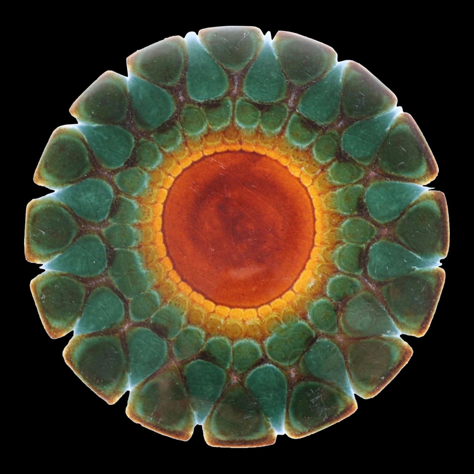 Mid Century Ceramic Trivet Hot Plate by English Ceramist: Mid Century Ceramic Trivet Hot Plate by English Ceramist Cool ceramic trivet, hot plate by noted English ceramicist Alan Wallwork, featuring a green tone circular border, with two tone orange and red