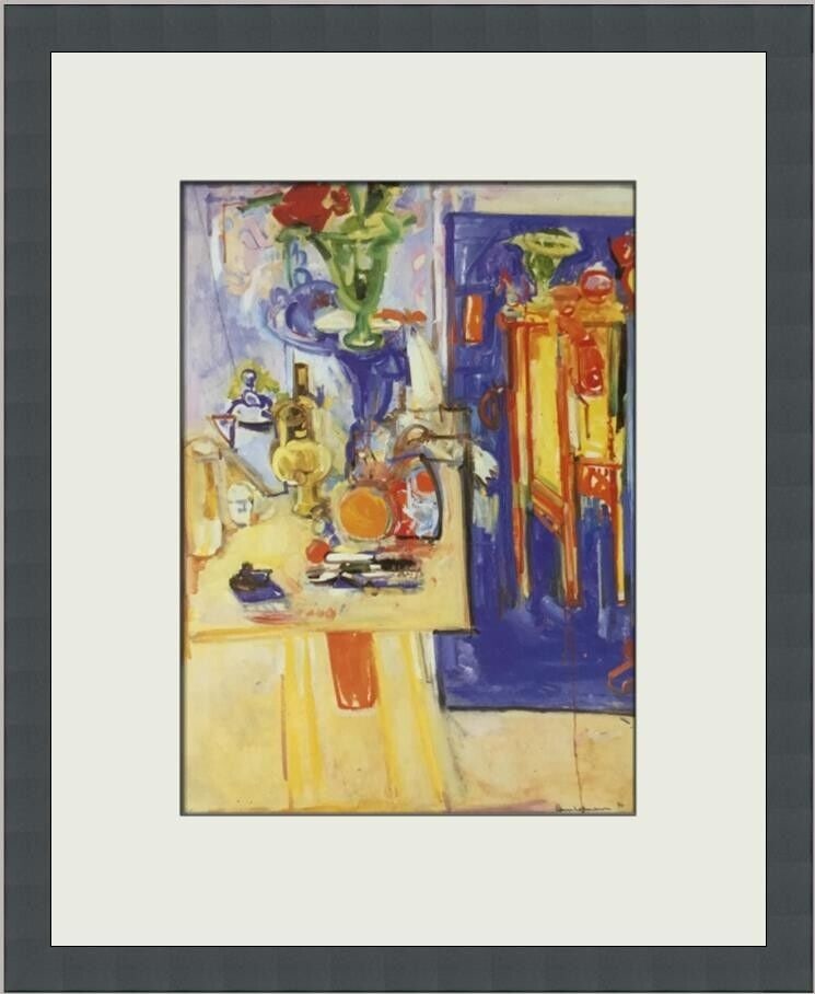 Hans Hoffman Table with Tea Kettle Green Vase Red Flowers Print: Hans Hoffman Table with Tea Kettle Green Vase Red Flowers Print This stunning custom framed print by Hans Hoffman features a vibrant still life arrangement, showcasing a green vase filled with red flo