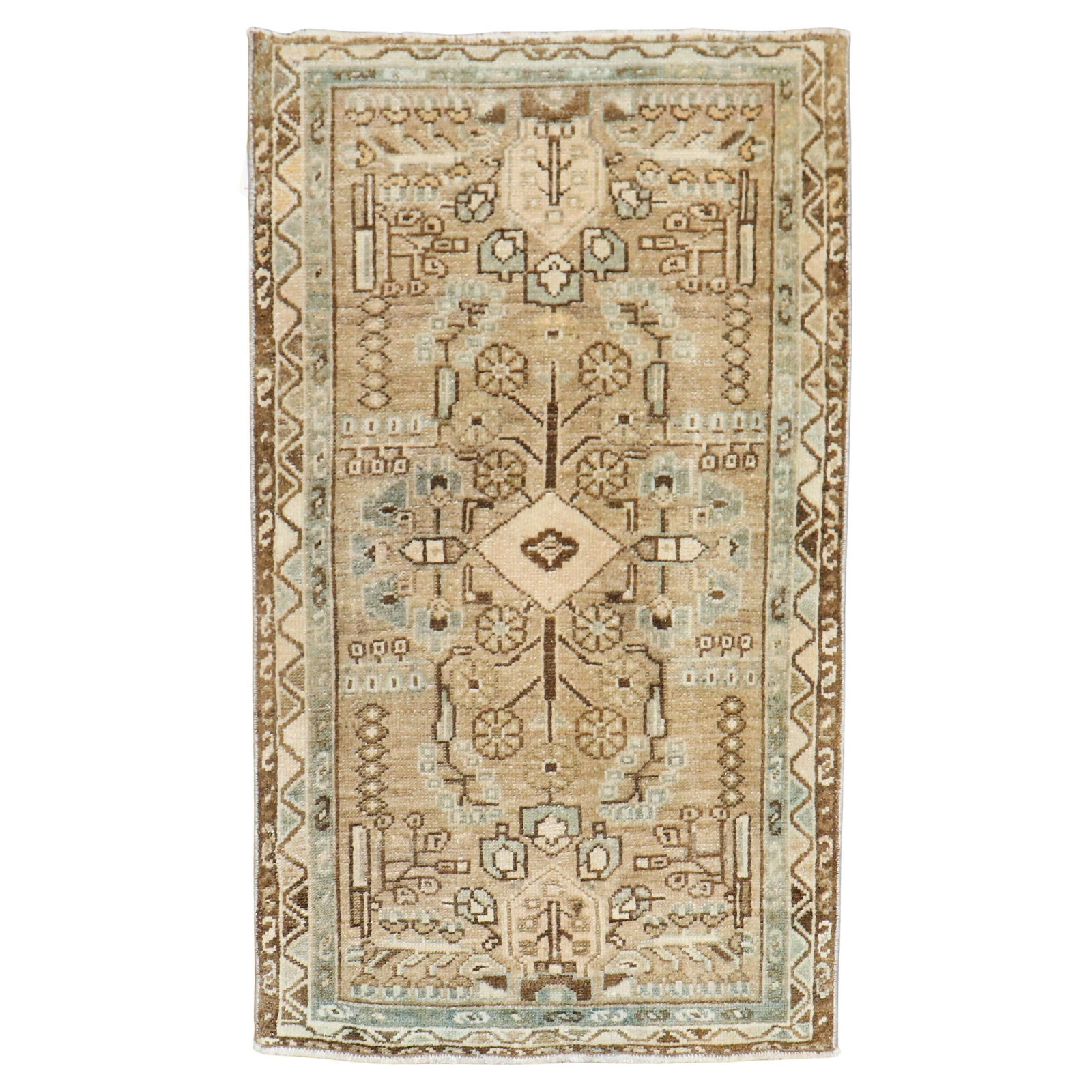 Zabihi Collection Persian Antique Brown Mini Rug: Zabihi Collection Persian Antique Brown Mini Rug Dimensions: Width: 24 in (60.96 cm), Length: 38 in (96.52 cm) Style: Malayer Materials and Techniques: Wool Period: Early 20th Century Date of Manufact