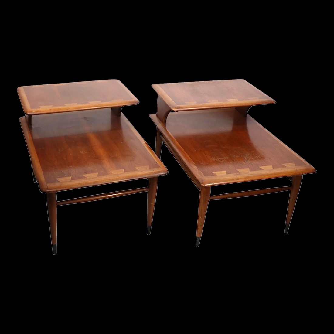 Pr. Lane Acclaim Mid Century Step End Tables: Pr. Lane Acclaim Mid Century Step End Tables This classic pair of Mid Century Lane Acclaim step end tables, designed by Andre Bus in the 1970s, features a unique tiered design that adds a touch of ele