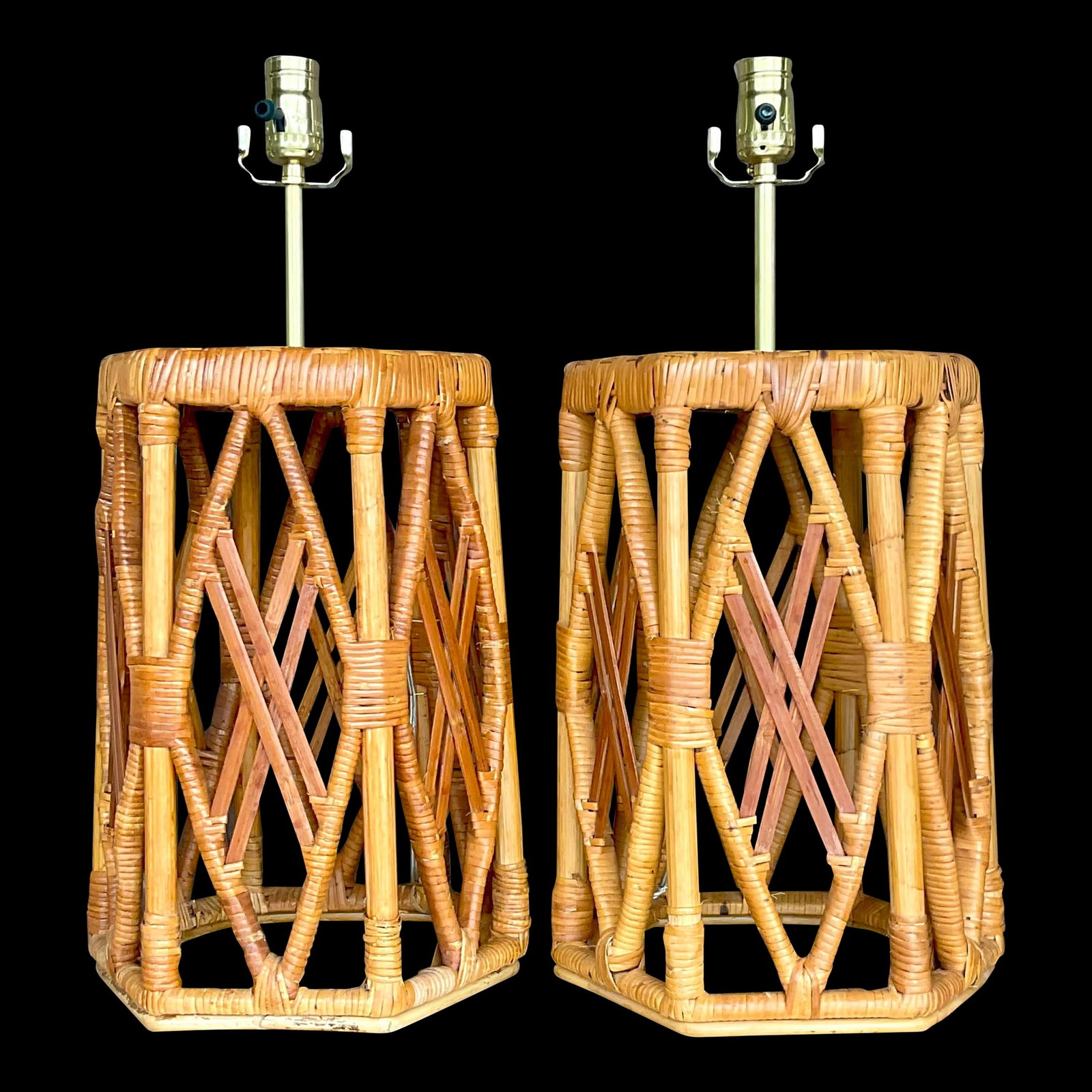 Vintage Coastal Wrapped Rattan Table Lamps - a Pair: Vintage Coastal Wrapped Rattan Table Lamps - a Pair A fabulous pair of vintage Coastal table lamps. A chic wrapped rattan open frame with no interior hardware. Fully restored with all new wiring and h