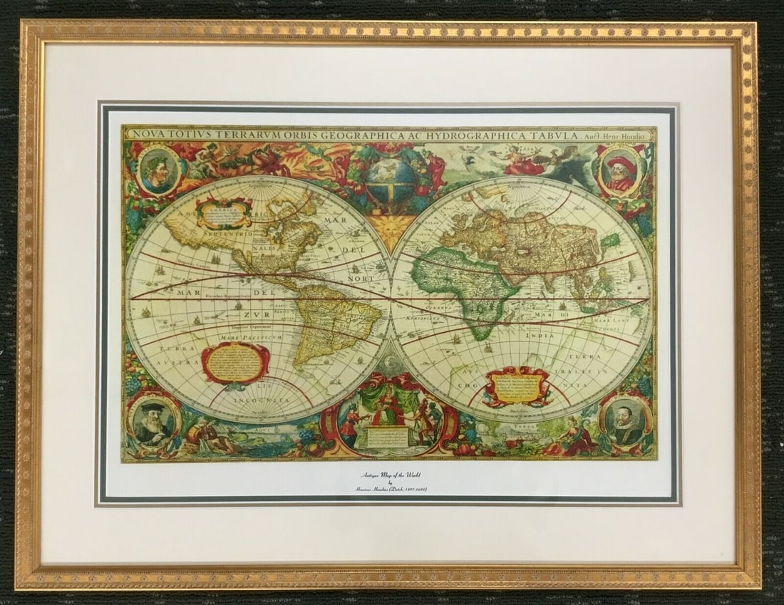 Antique Map of the World Framed Poster Print: Antique Map of the World Framed Poster Print This exquisite Antique Map of the World is a beautifully custom framed poster print that enhances any space with its historical charm. Measuring 21 in. by