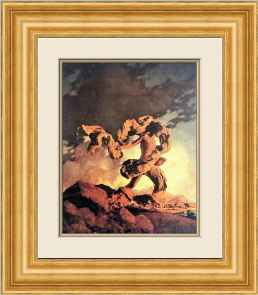 Maxfield Parrish Cadmus Custom Framed Print 18 x 20.5 in Impressionism: Maxfield Parrish Cadmus Custom Framed Print 18 x 20.5 in Impressionism This captivating custom framed print titled "Cadmus" by Maxfield Parrish showcases a striking figure in a dynamic pose, set again