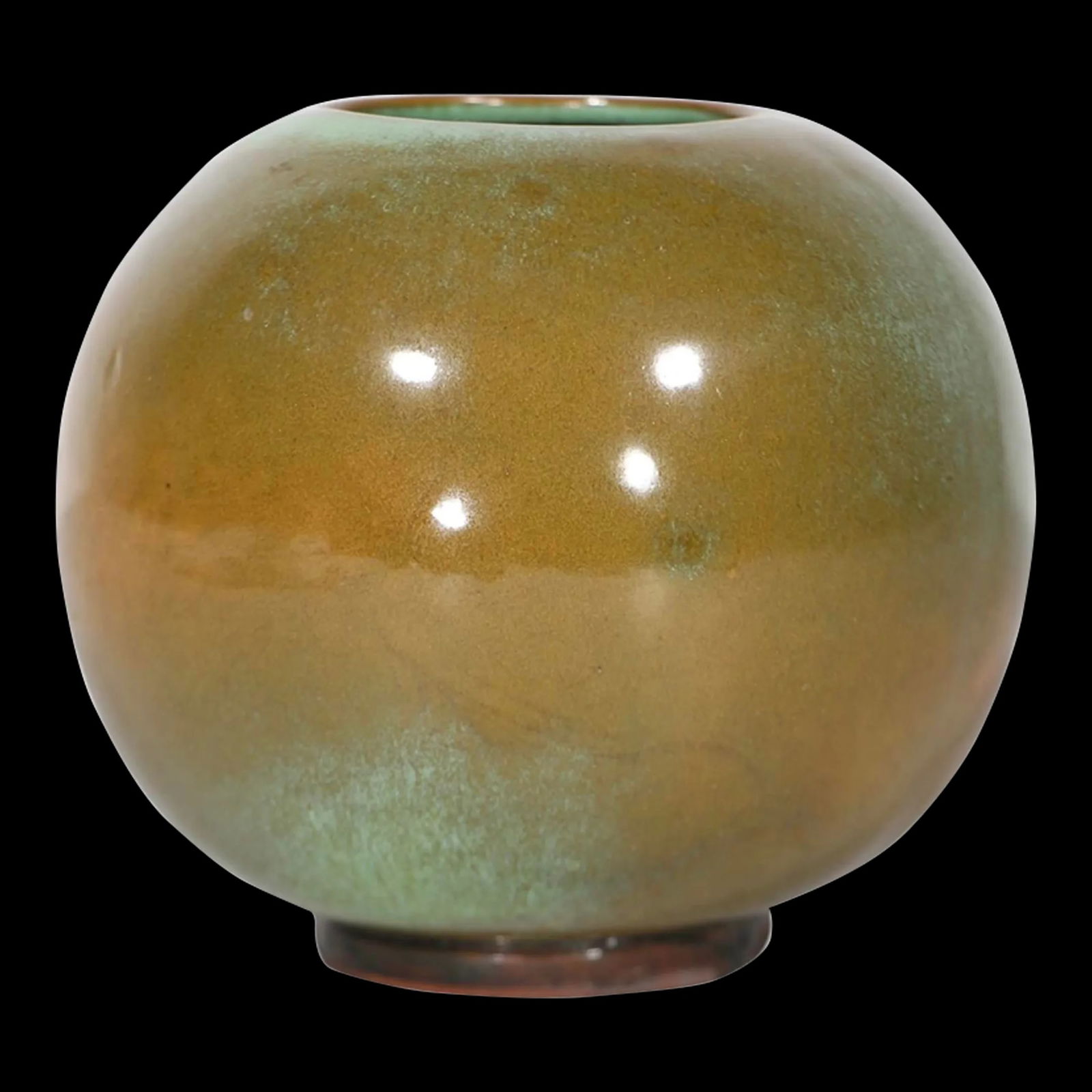 Mid Century Frankoma Ball Vase 55 Green Brown Glaze: Mid Century Frankoma Ball Vase 55 Green Brown Glaze Mid Century Frankoma ball vase in green and brown toned glaze, model 55. This example is in excellent original, clean and ready to use condition, fr