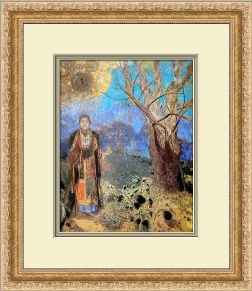 Buddha Landscape Lithograph Print 1999 by Odilon Redon: Buddha Landscape Lithograph Print 1999 by Odilon Redon This stunning print titled 'Buddha' by artist Odilon Redon features a beautifully framed and matted presentation. The artwork showcases a serene