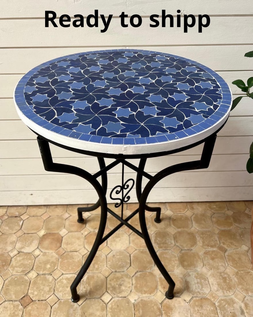 Moroccan Mosaic Table Stunning Blue Dinning table with stars Coffee Table Zellige Dining Table: Moroccan Mosaic Table Stunning Blue Dinning table with stars Coffee Table Zellige Dining Table Ready to ship Discover the timeless elegance of Moroccan round mosaic tables. Each table is a unique work