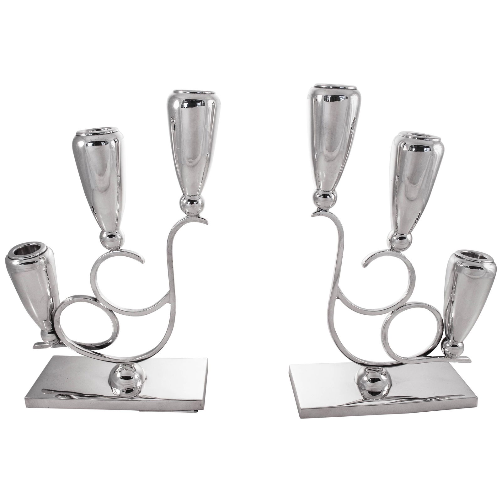 Sterling Silver Midcentury Three-Branch Candelabras Set of 2: Sterling Silver Midcentury Three-Branch Candelabras Set of 2 This exquisite set of two midcentury candelabras features a striking design, crafted from high-quality sterling silver. Each candelabra sho