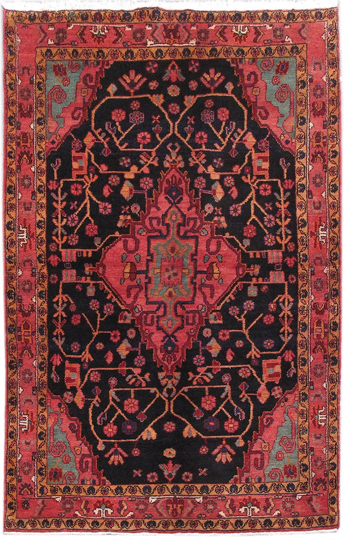 Handcrafted 4.5' x 7.1' Red Persian Hamadan Area Rug: Handcrafted 4.5' x 7.1' Red Persian Hamadan Area Rug Enhance your living space with the timeless elegance of this handcrafted 4.5' x 7.1' Red Persian Hamadan Rug. Meticulously woven by talented artisa