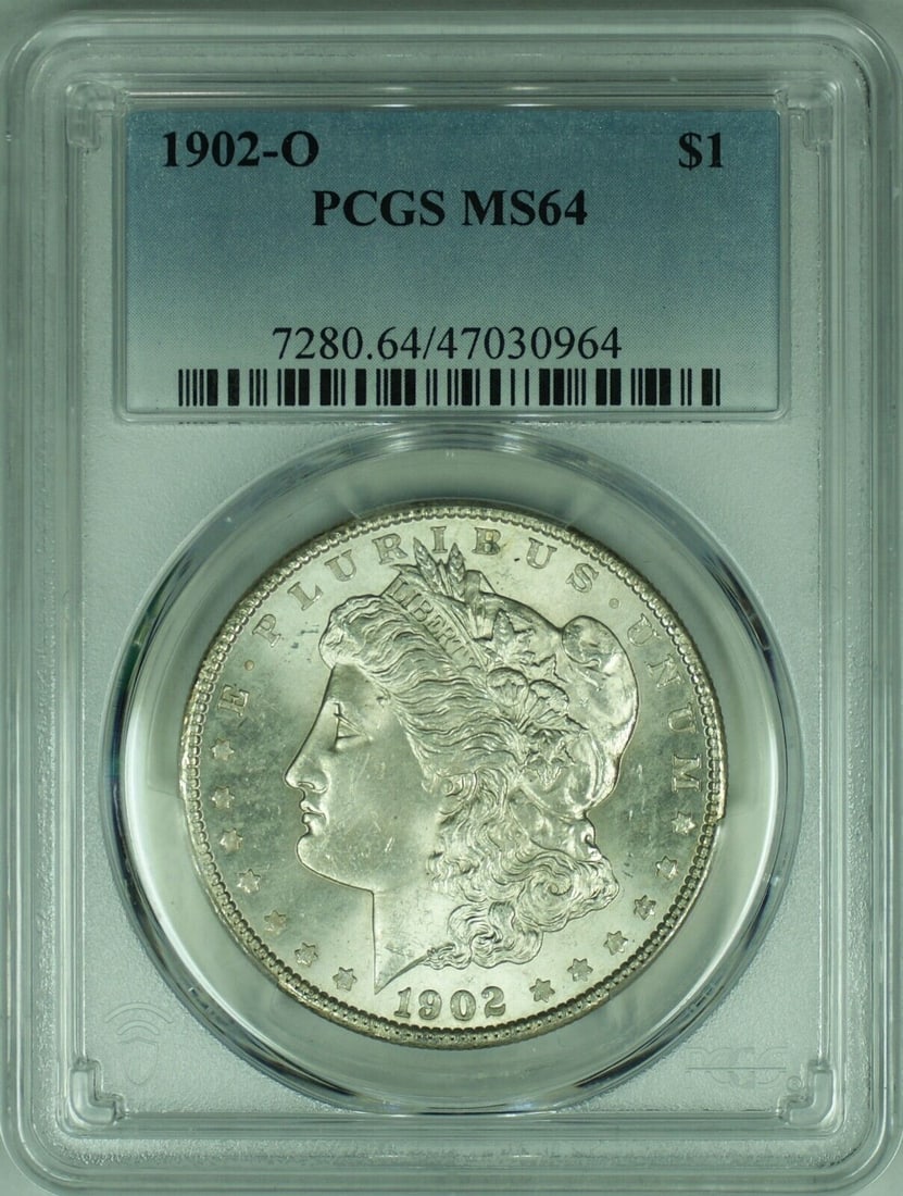 1902-O Morgan Silver Dollar Coin PCGS MS-64 (39): 1902-O Morgan Silver Dollar Coin PCGS MS-64 (39) Circulated/Uncirculated: Uncirculated Denomination: $1 Coin: Morgan Composition: Silver Year: 1902 Fineness: 0.9 Mint Location: New Orleans Grade: MS 6