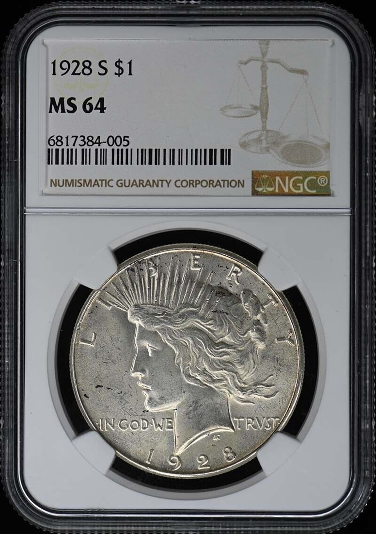 1928-S Peace Dollar NGC MS64 Uncirculated Silver Coin: 1928-S Peace Dollar NGC MS64 Uncirculated Silver Coin This 1928-S Peace Dollar is certified by NGC with a grade of MS64, indicating its uncirculated condition. Minted in San Francisco, this silver dol
