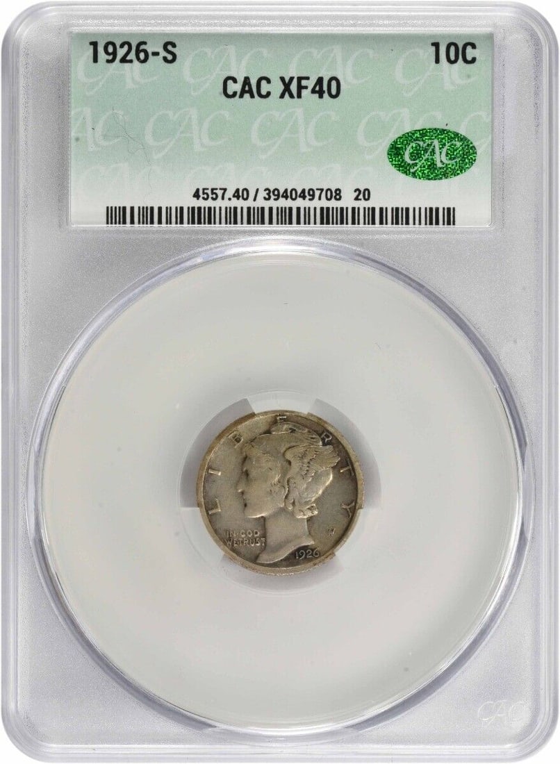 1926-S Mercury Silver Dime XF CACG: 1926-S Mercury Silver Dime XF CACG This 1926-S Mercury Silver Dime, graded EF40 by CACG, showcases the stunning artistry of designer Adolph Alexander Weinman. With a composition of 90% silver and 10%