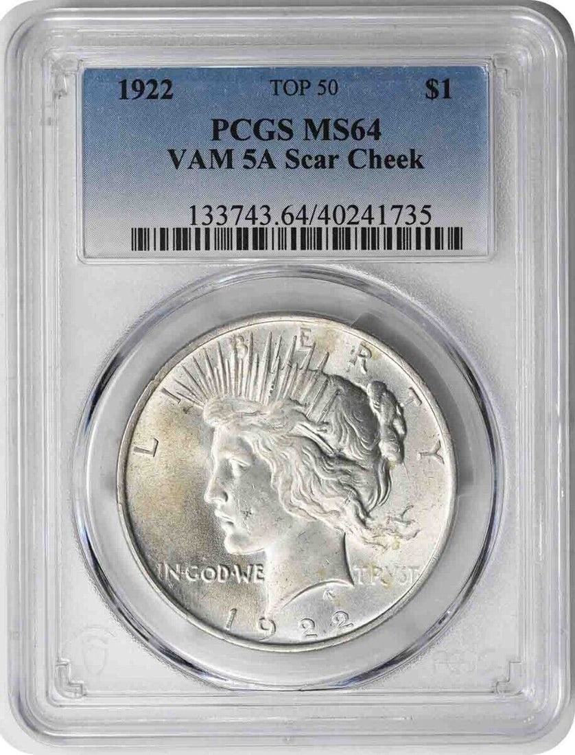 1922 VAM 5A Peace Dollar MS64 Uncirculated PCGS: 1922 VAM 5A Peace Dollar MS64 Uncirculated PCGS This 1922 Peace Dollar is a stunning representation of American numismatic history. Graded MS64 by PCGS, this uncirculated coin features the elegant pro