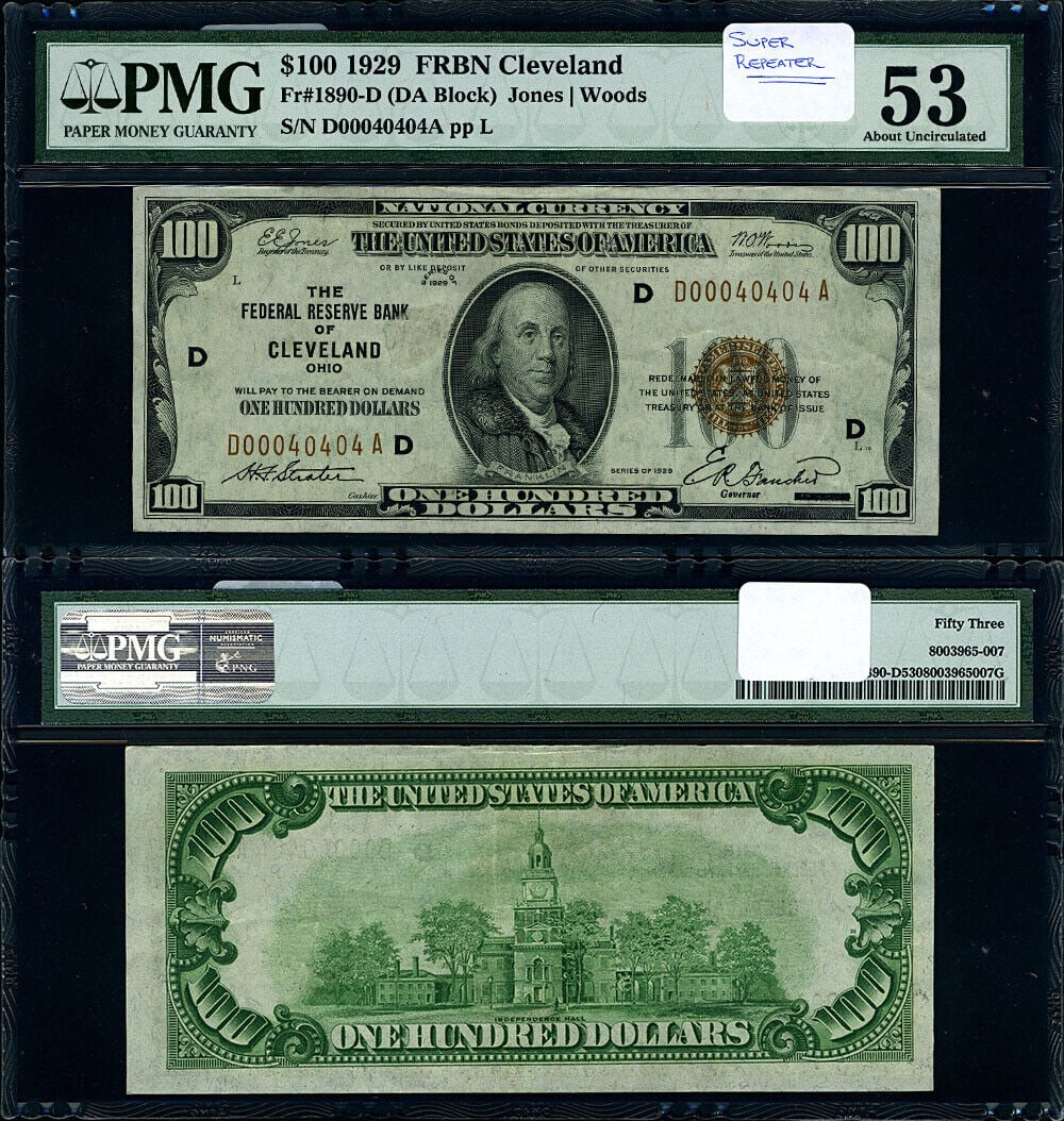 $100 1929 Federal Reserve Bank Note PMG AU53 Circulated: $100 1929 Federal Reserve Bank Note PMG AU53 Circulated This is a $100 Federal Reserve Bank Note from 1929, featuring a portrait of Benjamin Franklin on the front and an image of Independence Hall on 