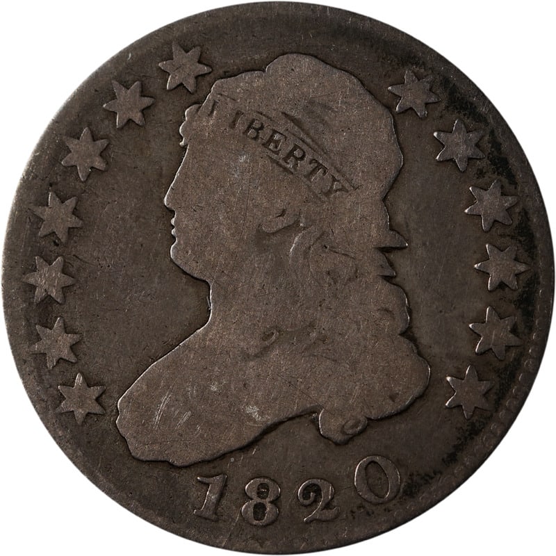 1820 Bust Quarter - Circulated Silver: 1820 Bust Quarter - Circulated Silver This 1820 Bust Quarter showcases a stunning profile of Liberty, surrounded by stars on its edge. Crafted from silver, this coin exhibits a circulated condition, h