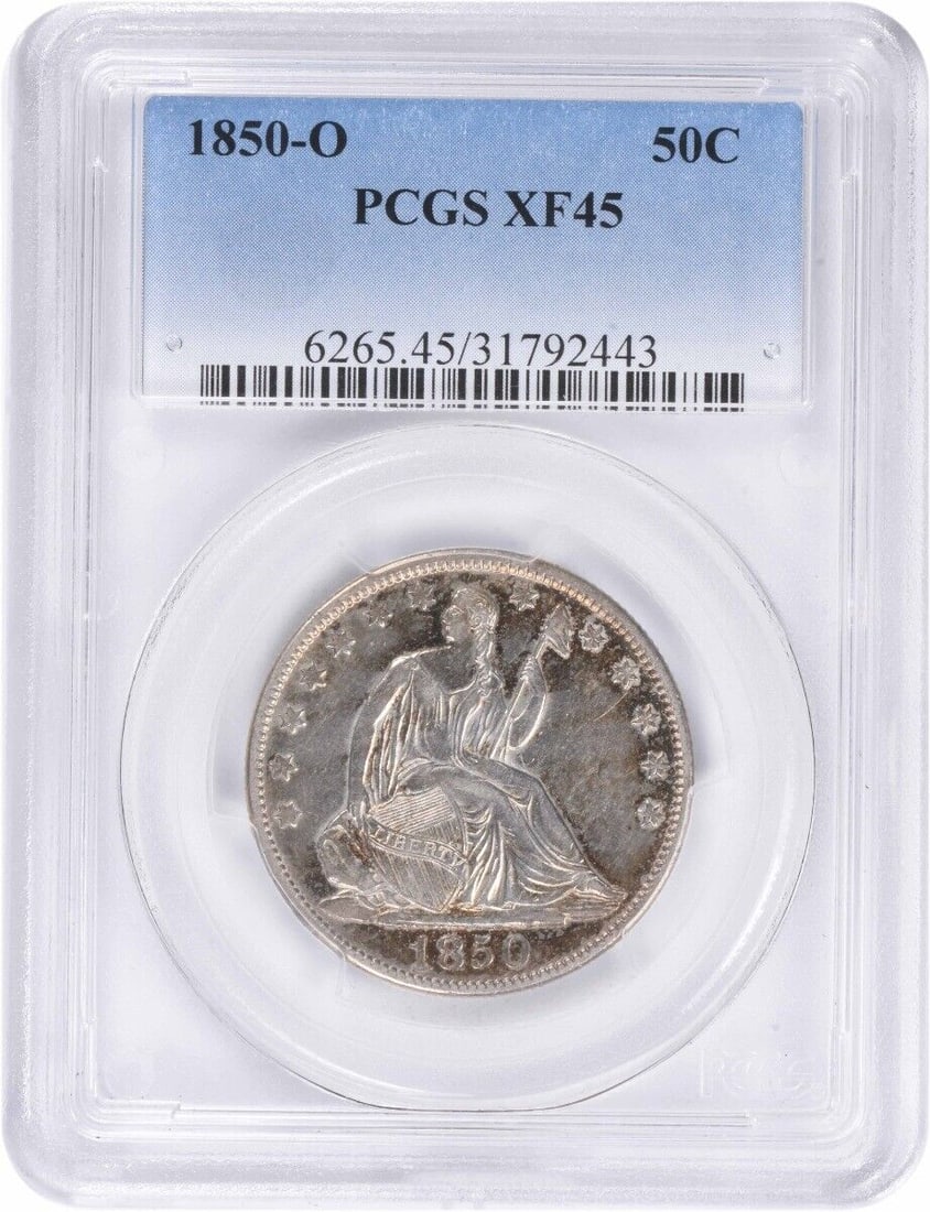 1850-O Liberty Seated Silver Half Dollar XF PCGS: 1850-O Liberty Seated Silver Half Dollar XF PCGS This 1850-O Liberty Seated Silver Half Dollar is a remarkable piece of numismatic history, featuring the iconic Seated Liberty design by Thomas Sully a