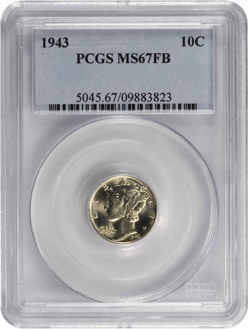 1943-P Mercury Silver Dime MS67: 1943-P Mercury Silver Dime MS67 This 1943-P Mercury Silver Dime is graded MS67FB by PCGS, ensuring its exceptional quality as an uncirculated coin. Minted in Philadelphia, this coin features a composi